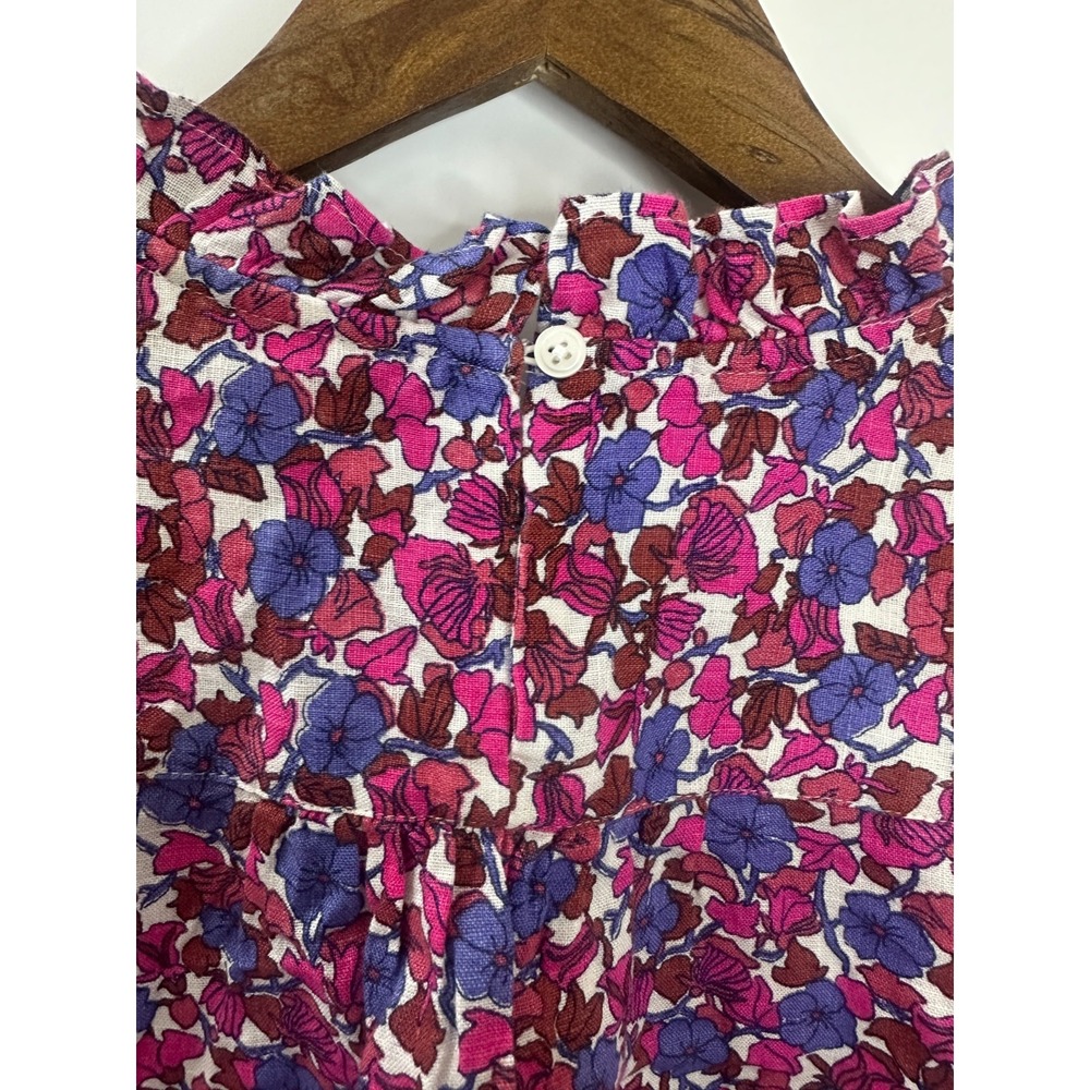 J.Crew Smocked 100% Linen Puff-Sleeve Top in Berry Floral High Neck Blouse XS - Picture 9 of 12